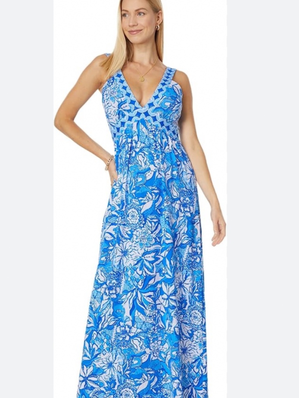 Lilly Pulitzer Serena Vneck Maxi dress in Blue Tang Flocking Fabulous print M L